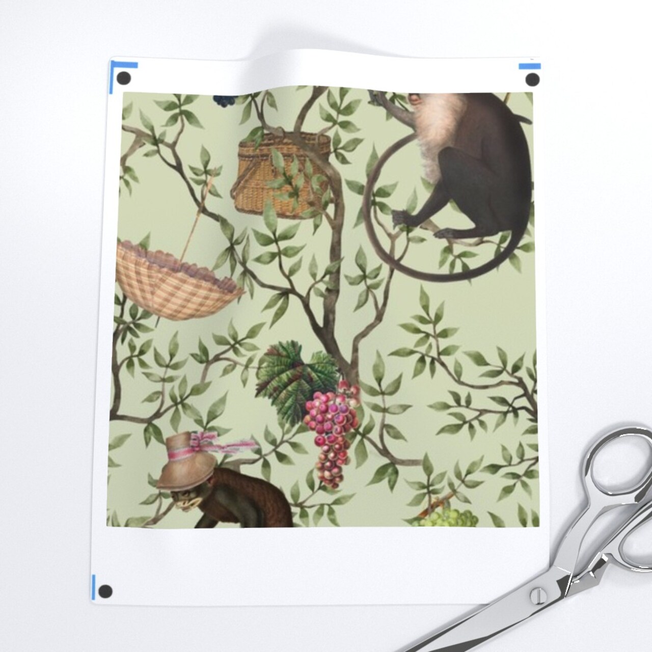 Green Chinoiserie Victorian Animals Rococo Garden Party Leaves Monkeys Historic Toile Botanical Whimsical Large Scale Custom Printed Fabric by Spoonflower Various Fabrics by the Yard or Fat Quarter